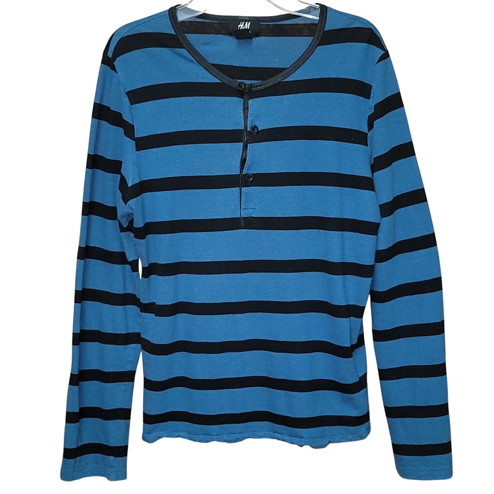 H&M Men's Blue Black Striped Linen Blend Long Sleeve Henley Shirt S Nautical Y2K